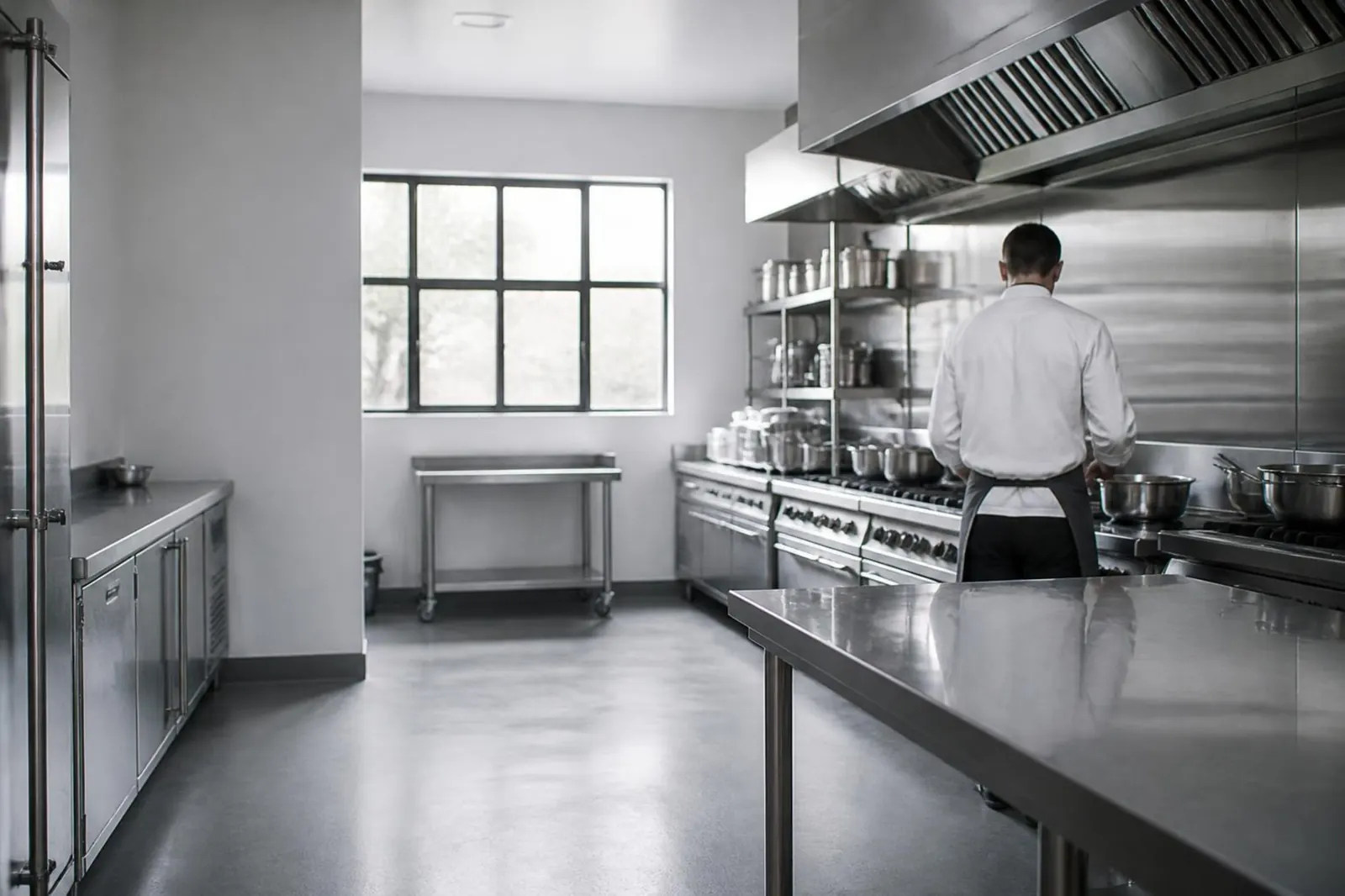 Cuisine professionnelle équipée en inox : fourneaux, tables de travail et armoires réfrigérées